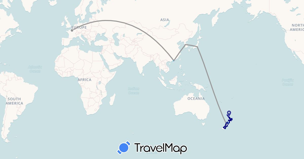 TravelMap itinerary: driving, plane, hiking, boat in France, Hong Kong, Japan, South Korea, Macau, New Zealand (Asia, Europe, Oceania)